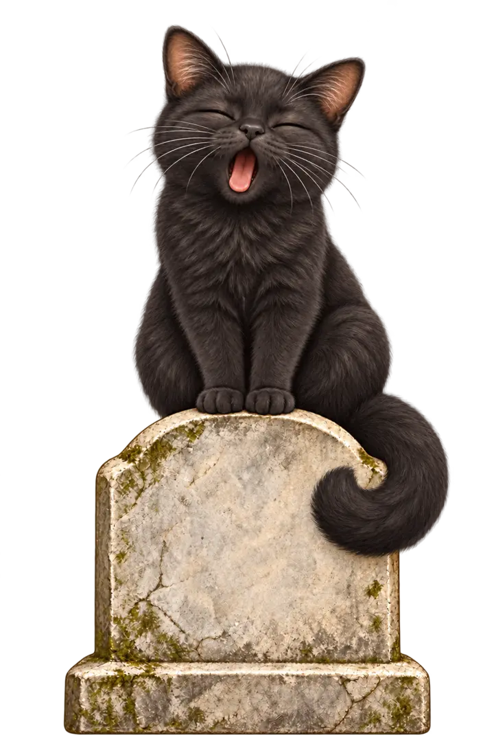 A sleepy black cat yawning with its eyes closed while sitting on a gravestone